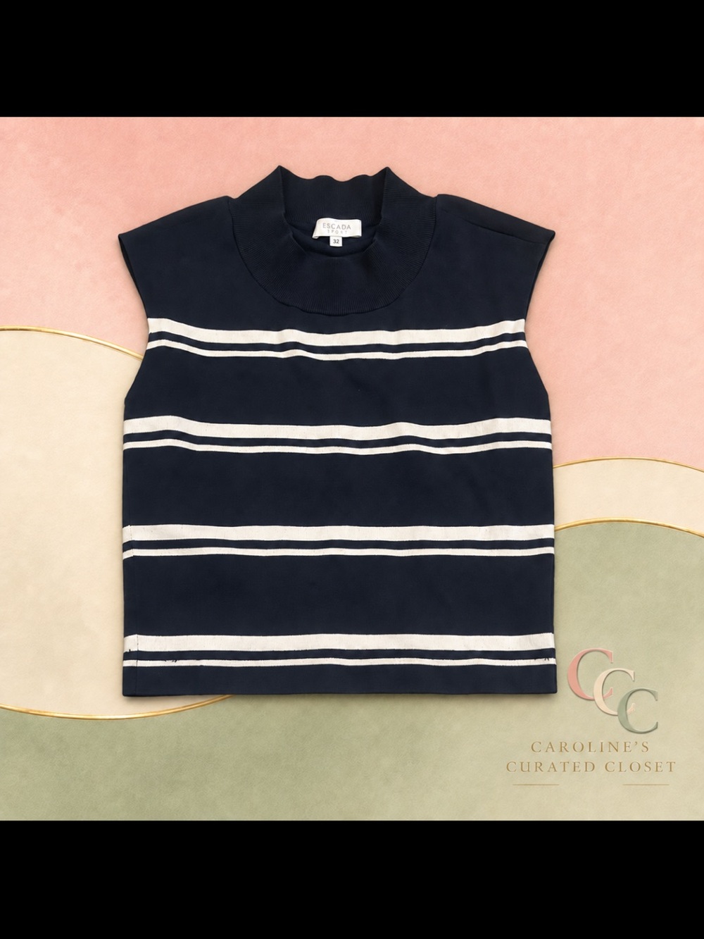 Escada Sport Navy Ivory Striped Sleeveless Knit Top Size 32